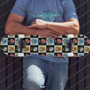 Chequered Multicolored Sunflower Floral Design Skateboard
