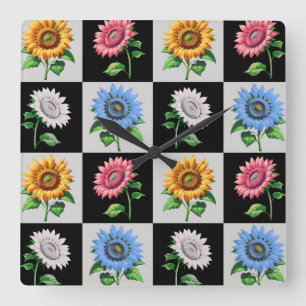 Chequered Multicolored Sunflower Floral Design  Square Wall Clock