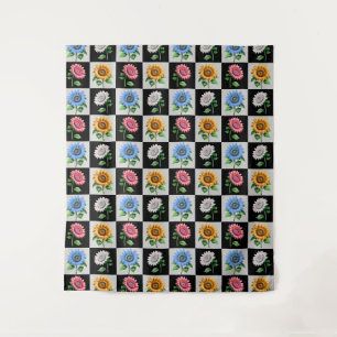 Chequered Multicolored Sunflower Floral Design Tapestry