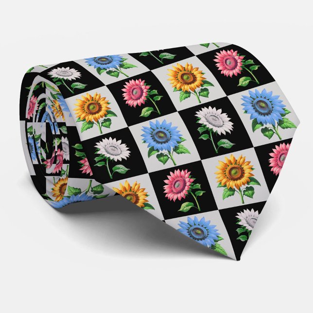 Chequered Multicolored Sunflower Floral Design  Tie (Creator Uploaded)