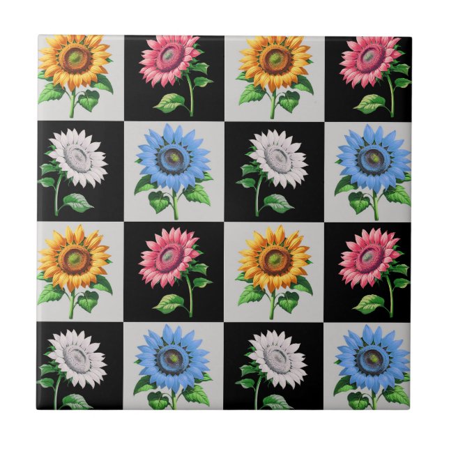 Chequered Multicolored Sunflower Floral Design  Tile (Front)