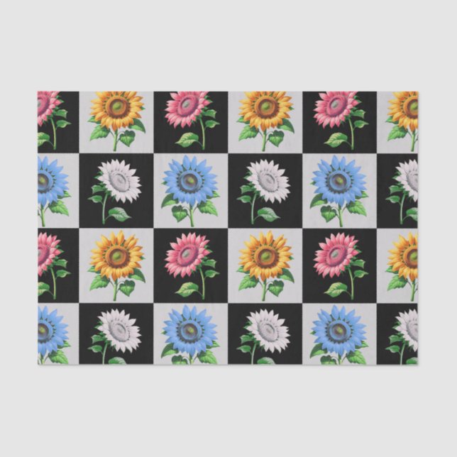 Chequered Multicolored Sunflower Floral Design  Tissue Paper (Front)