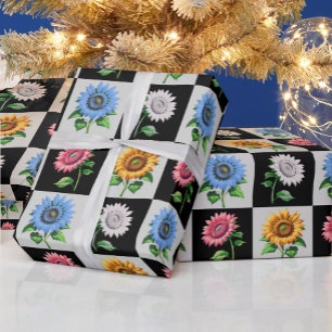 Chequered Multicolored Sunflower Floral Design  Wrapping Paper