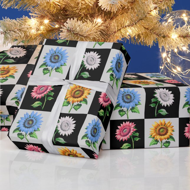 Chequered Multicolored Sunflower Floral Design  Wrapping Paper (Creator Uploaded)