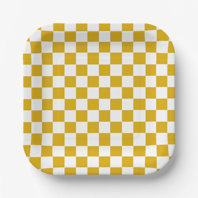 Chequered mustard yellow and White Paper Plate (Front)