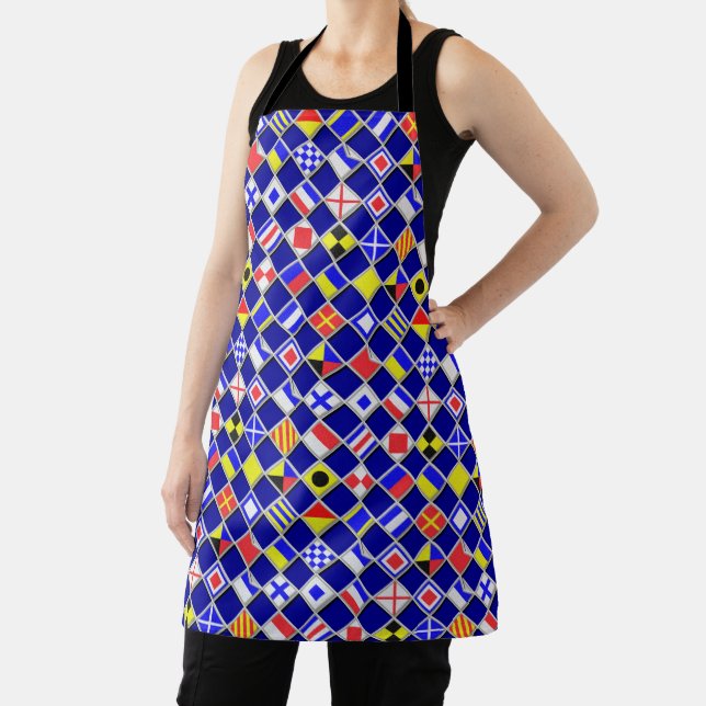 Chequered Nautical Signal Flags Navy Blues Apron (Insitu)