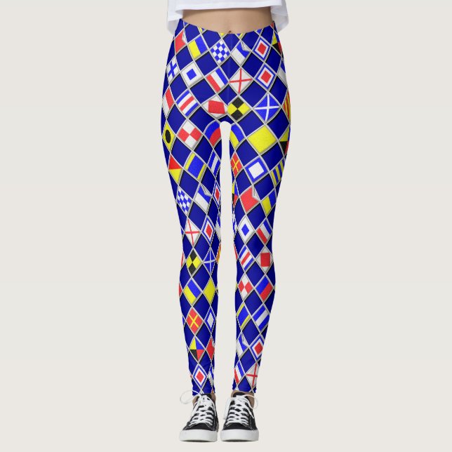 Chequered Nautical Signal Flags Navy Blues Leggings (Front)