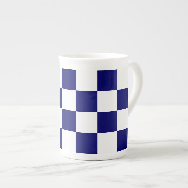 Chequered Navy and White Bone China Mug (Front Right)