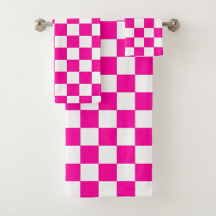 Chequered Neon Pink and White  Bath Towel Set