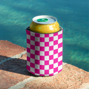 Chequered Neon Pink and White Can Cooler