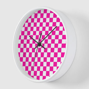 Chequered Neon Pink and White  Clock