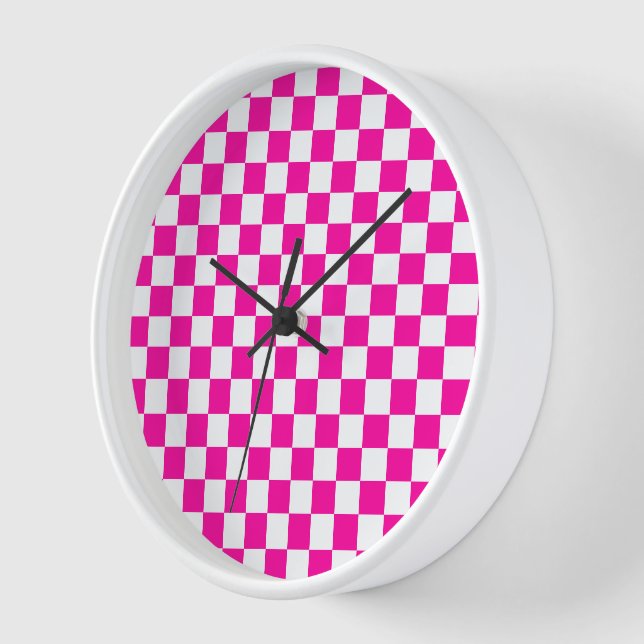 Chequered Neon Pink and White  Clock (Angle)