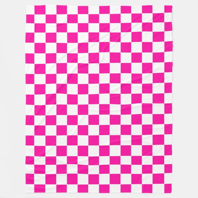 Chequered Neon Pink and White  Fleece Blanket (Front)