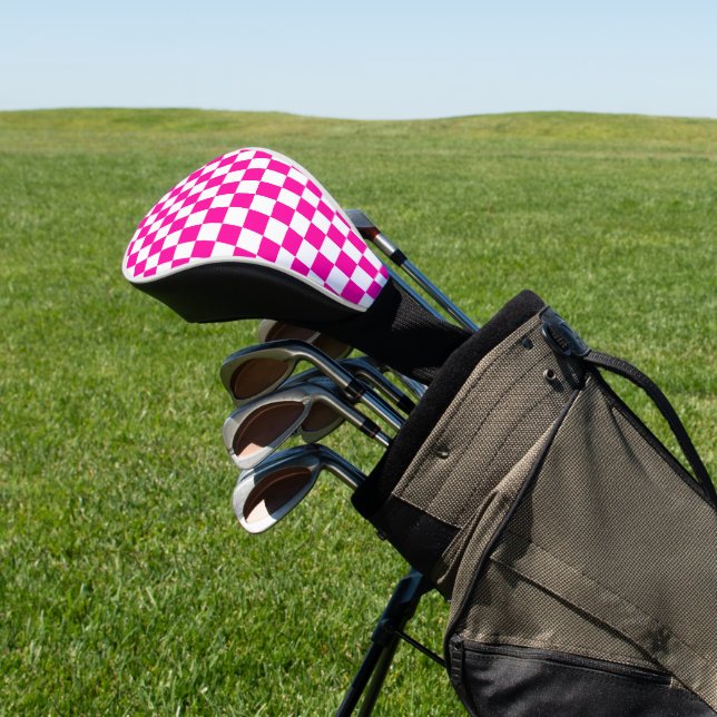 Chequered Neon Pink and White  Golf Head Cover (In Situ)