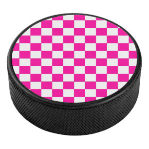 Chequered Neon Pink and White Hockey Puck