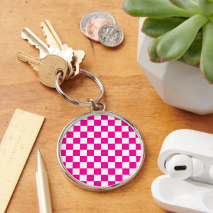 Chequered Neon Pink and White  Key Ring
