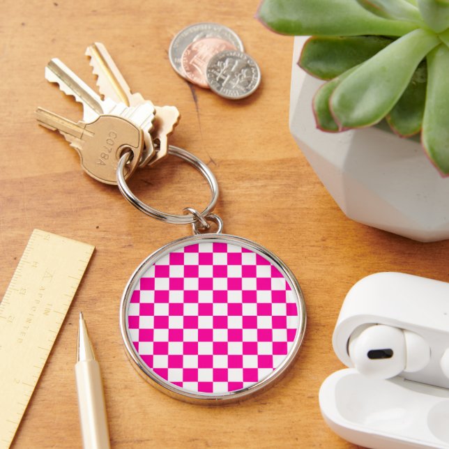 Chequered Neon Pink and White  Key Ring (Desk)