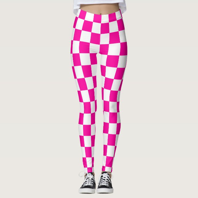 Chequered Neon Pink and White  Leggings (Front)