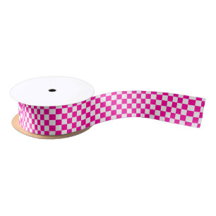 Chequered Neon Pink and White  Satin Ribbon