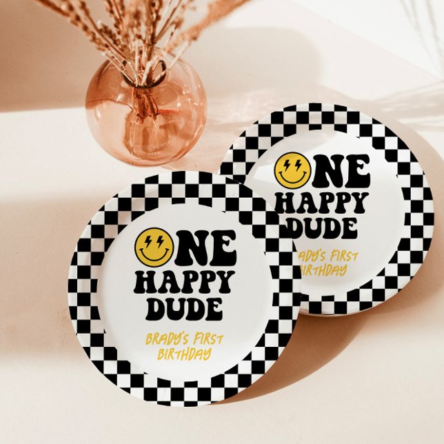 Chequered One Happy Dude 1st Birthday Smile Paper Plate (Creator Uploaded)