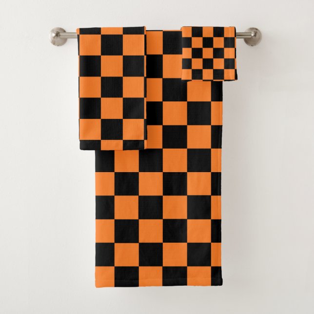 Chequered Orange and Black Bath Towel Set (Insitu)