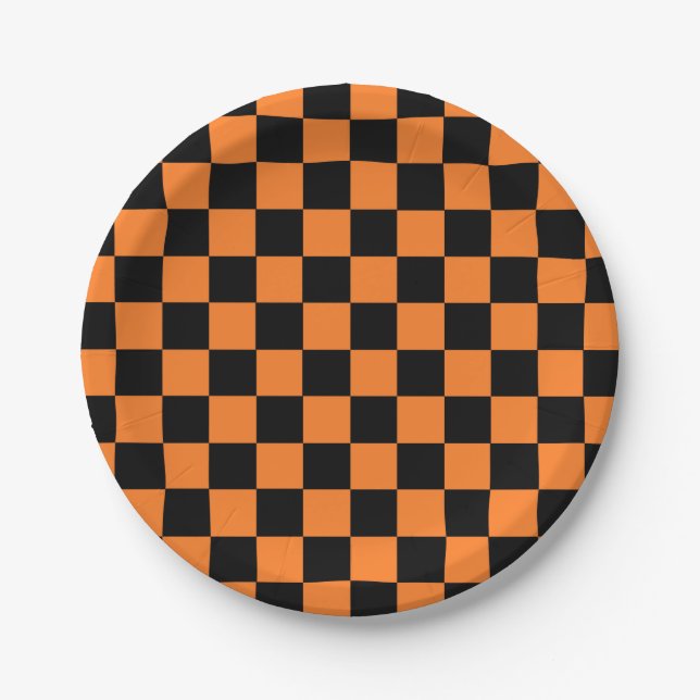 Chequered Orange and Black Paper Plate (Front)