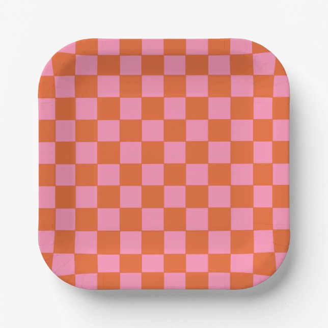 Chequered Orange and Pink  Paper Plate (Front)