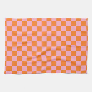 Chequered Orange and Pink Tea Towel