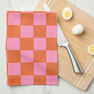 Chequered Orange and Pink Tea Towel