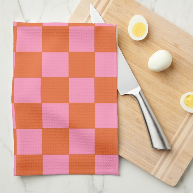 Chequered Orange and Pink  Tea Towel (Quarter Fold)