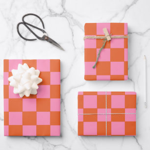 Chequered Orange and Pink Wrapping Paper Sheet