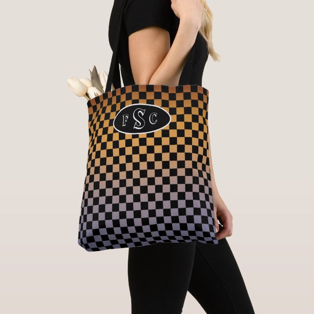 Chequered Orange and Purple Sunset Monogram Tote Bag (Close Up)