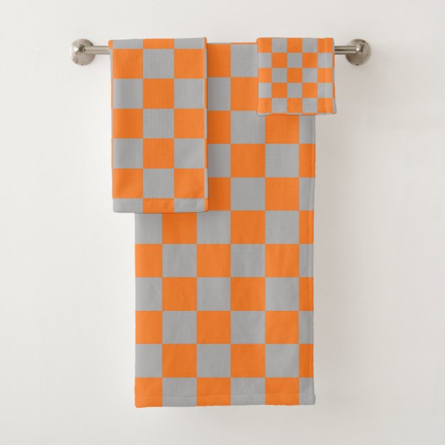 Chequered Orange and Silver Bath Towel Set (Insitu)