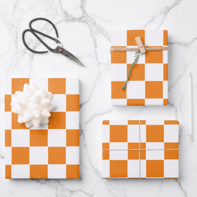 Chequered Orange and White  Wrapping Paper Sheet (Front)
