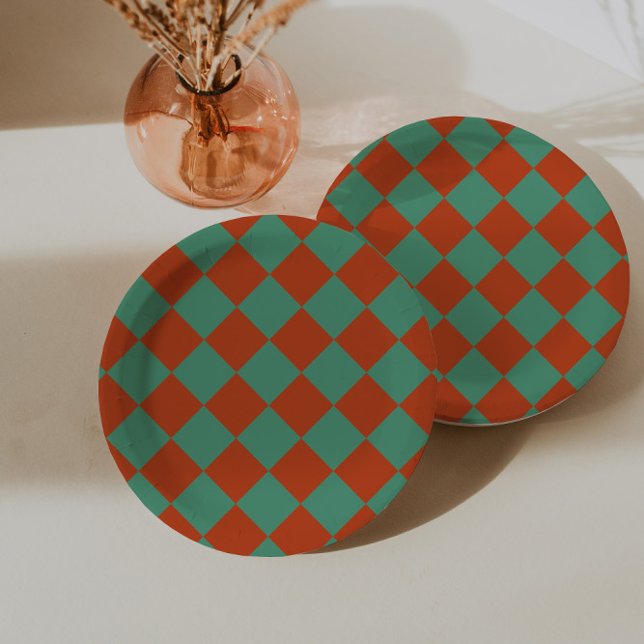 Chequered Orange & Green Retro Chic Birthday Party Paper Plate (Creator Uploaded)