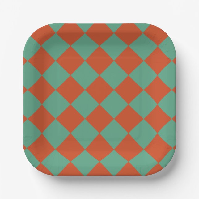 Chequered Orange & Green Retro Chic Birthday Party Paper Plate (Front)
