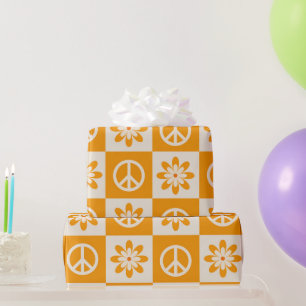 Chequered Orange Groovy Flowers and Peace Signs Wrapping Paper