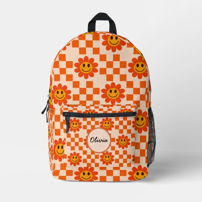 Chequered Orange Smiling Flowers Custom Name  Printed Backpack (Front)