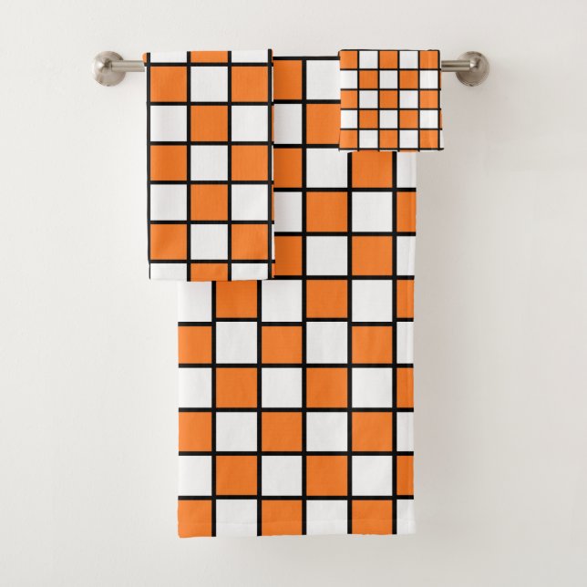 Chequered Outlined Orange and Black Bath Towel Set (Insitu)