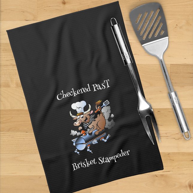 Chequered Past Cow Mascot Griller Blk Custom Tea Towel (Creator Uploaded)