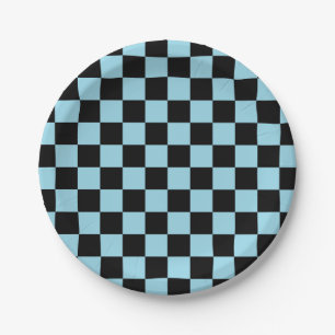 Chequered Pastel Blue and Black Paper Plate