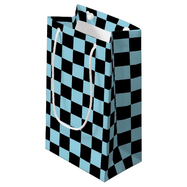 Chequered Pastel Blue and Black Small Gift Bag (Front Angled)