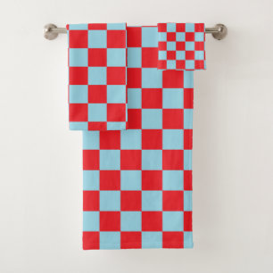 Chequered Pastel Blue and Red Bath Towel Set