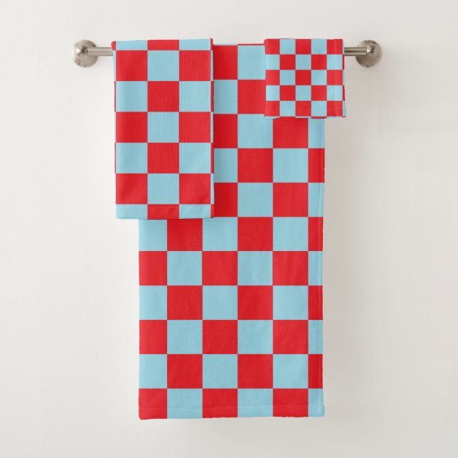 Chequered Pastel Blue and Red Bath Towel Set (Insitu)