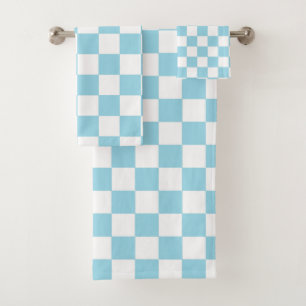Chequered Pastel Blue and White Bath Towel Set