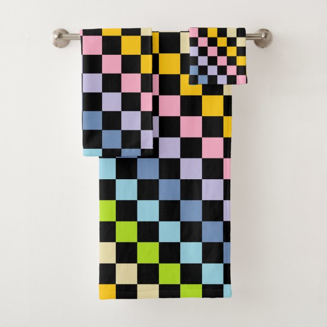 Chequered Pastel Rainbow Black Bath Towel Set (Insitu)