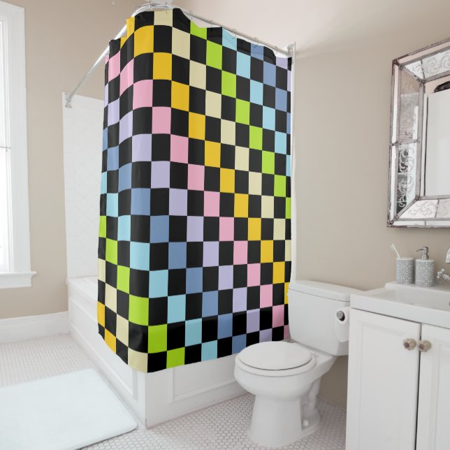 Chequered Pastel Rainbow Black Shower Curtain (In Situ)