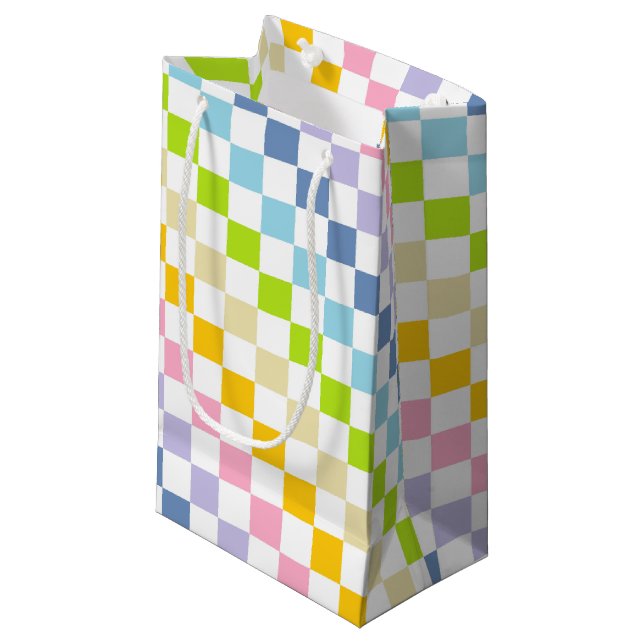 Chequered Pastel Rainbow Small Gift Bag (Front Angled)