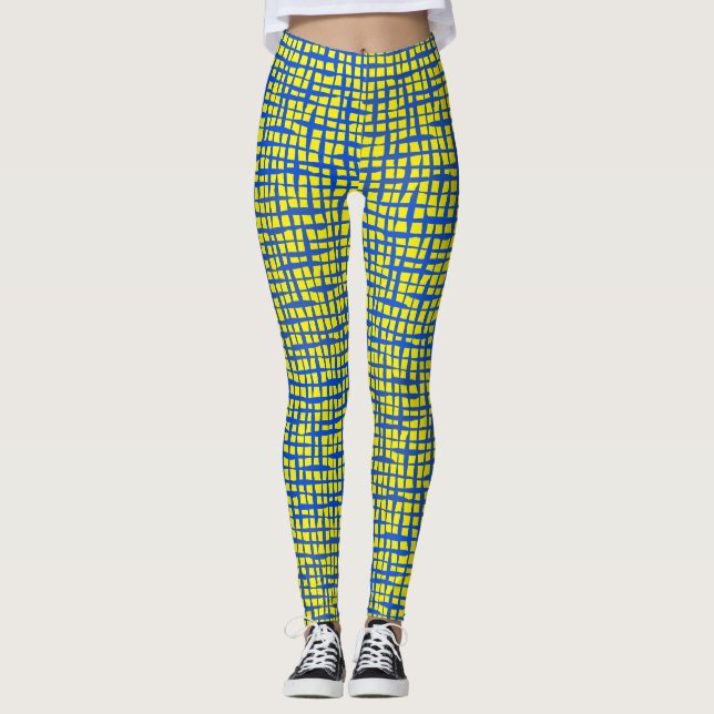 Chequered pattern 01 Blue.b BYellow BG Leggings (Front)
