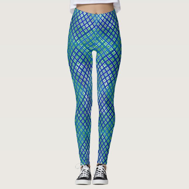 Chequered pattern diagonal Blue 02.w Green BG Leggings (Front)